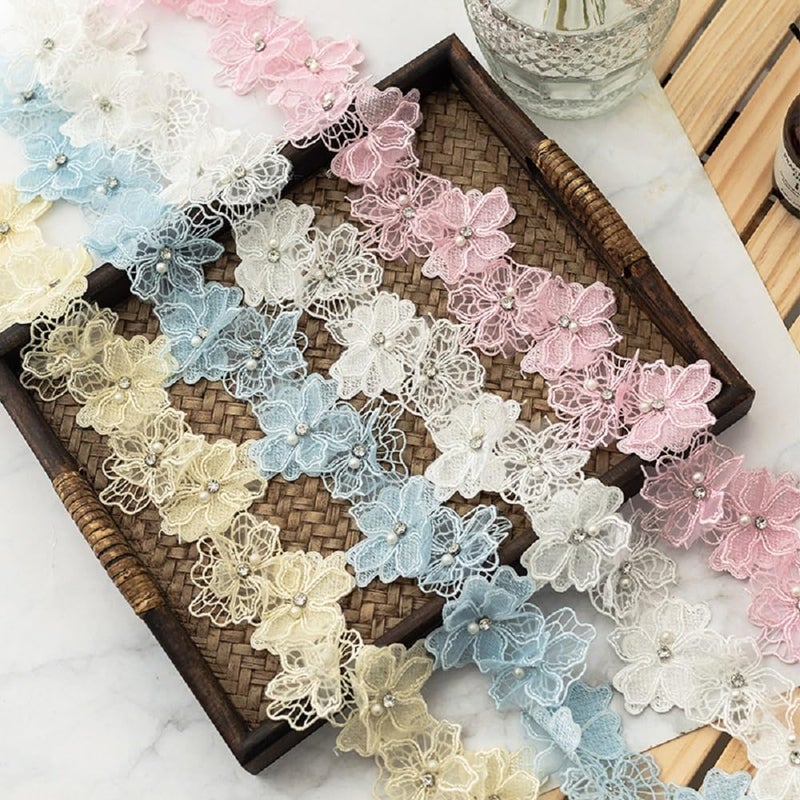 Buysk 2 Yards 3D Pearl Beads Flower Lace Trim Ribbon Floral Applique Embroidered Lace Fabric for Sewing DIY Crafts (Blue) - Image 5